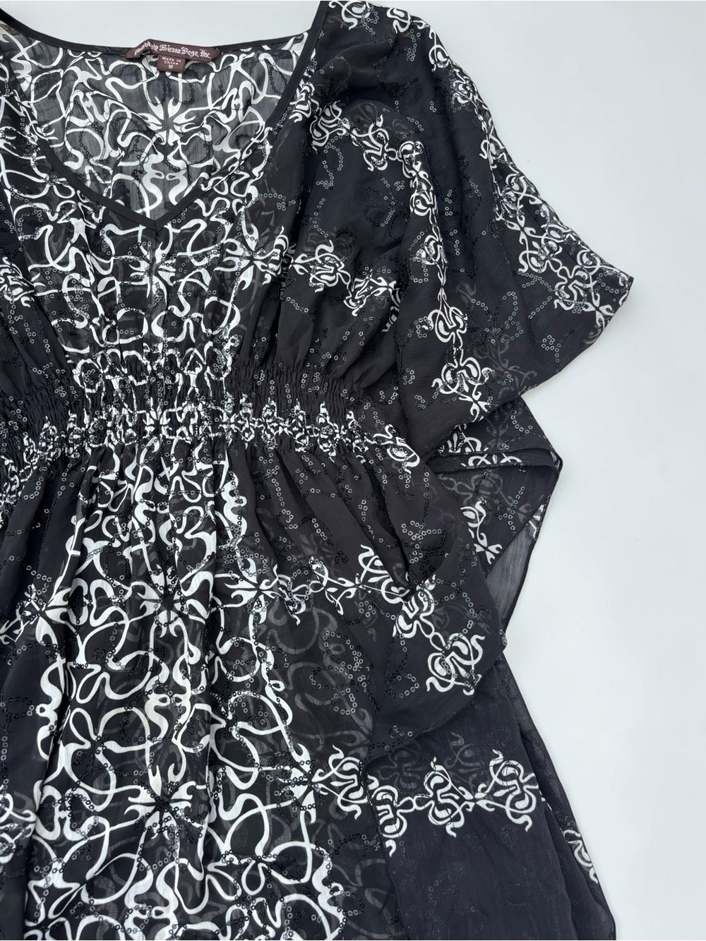 Y2K Black White Sequin Abstract Scroll Tunic Sheer Flutter Sleeve Boho M - Picture 3 of 11